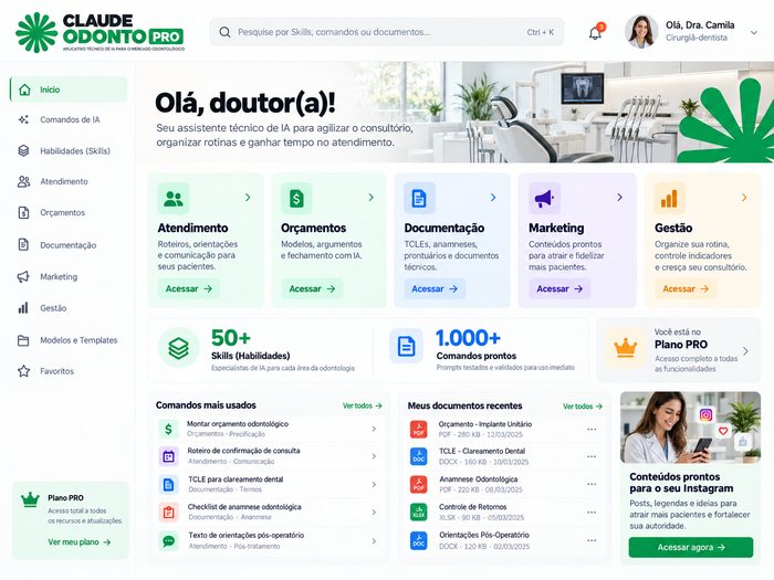 Painel do Claude Odonto PRO com os departamentos, Skills e comandos