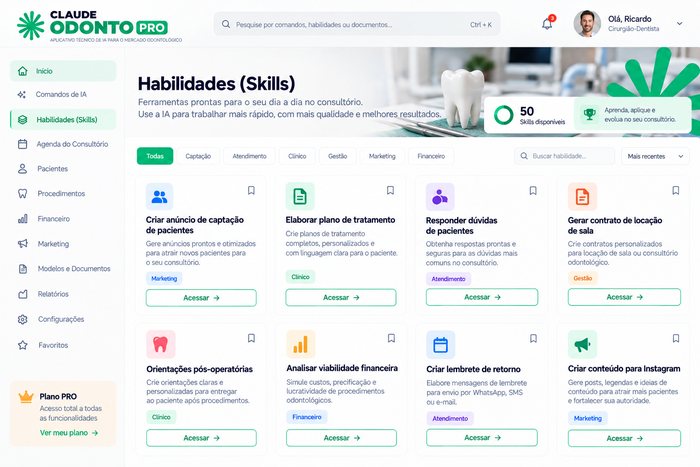 Lista de Skills do Claude Odonto PRO por área do consultório