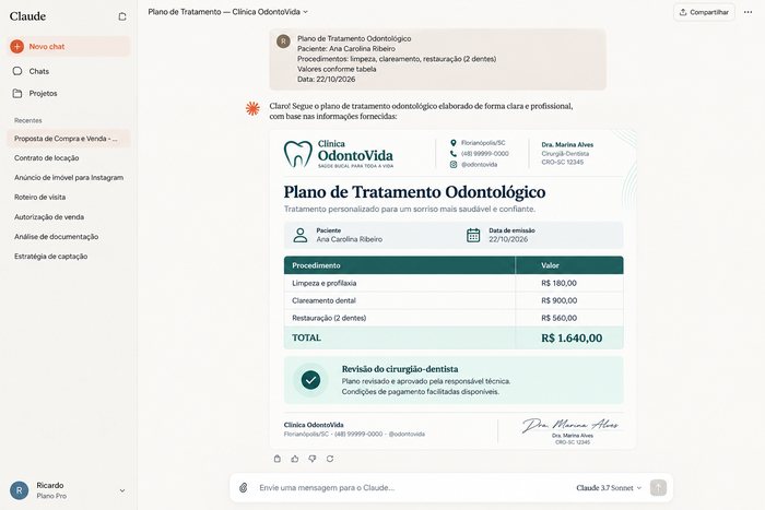 Plano de tratamento odontológico pronto, entregue pelo Claude